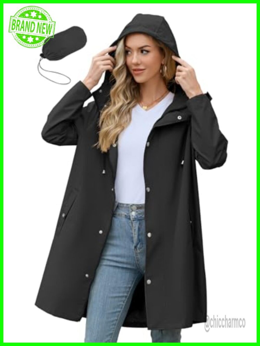 Long Packable Waterproof Rain Jacket Women Hooded Relaxed Fit Raincoat